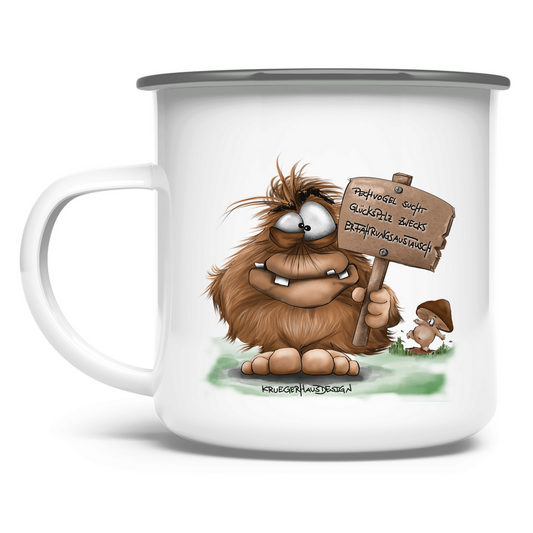 Emaille Tasse Pechvogel sucht Glückspilz zwecks Erfahrungsaustausch, Hugo