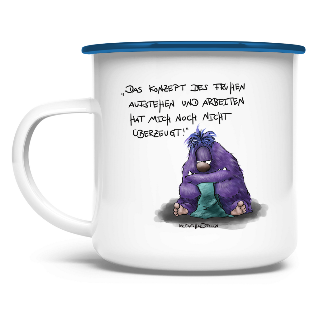 Emaille Tasse Das Konzept des frühen Aufstehen und Arbeiten hat...