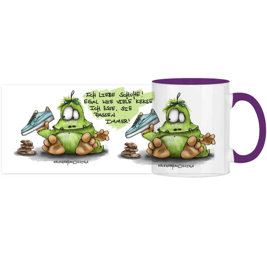 Tasse, Kaffeetasse, Teetasse, Kruegerhausdesign Monster mit Spruch, zweifarbig, 2. Variante, Ich liebe Schuhe...
