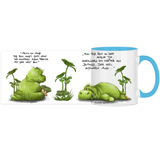 Tasse, Kaffeetasse, Teetasse, zweifarbig, Kruegerhausdesign Monster mit Spruch, 2 Designs, Memo an mich...