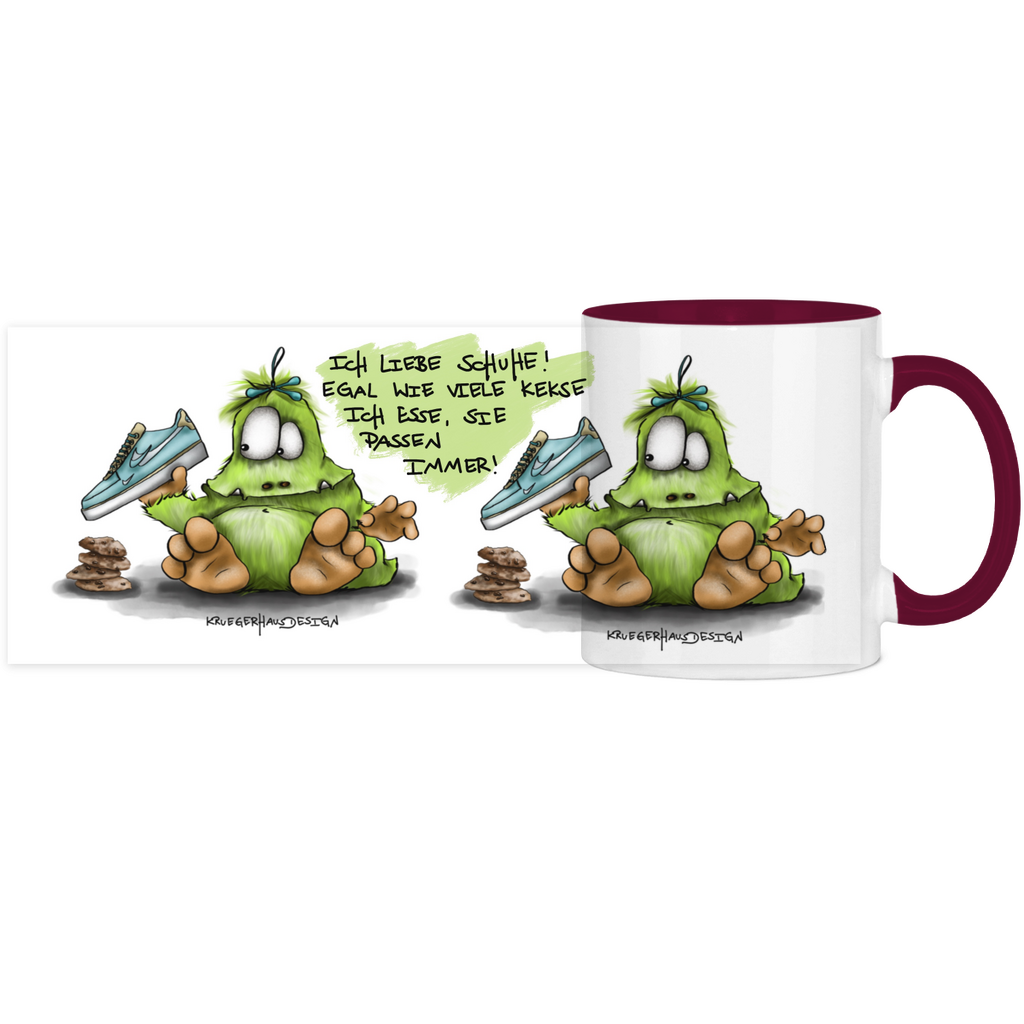 Tasse, Kaffeetasse, Teetasse, Kruegerhausdesign Monster mit Spruch, zweifarbig, 2. Variante, Ich liebe Schuhe...