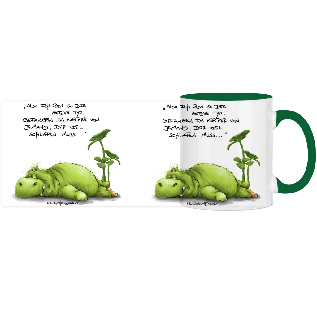 Tasse, Kaffeetasse, Teetasse, zweifarbig, Kruegerhausdesign Monster mit Spruch, klassisch, Also ich bin so der aktive Typ