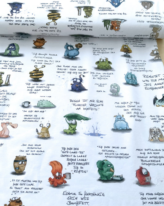 0,5m Organic French Terry, Stoff, Eigenzeichnung, Monster mit Sprüchen auf weiß Klassiker