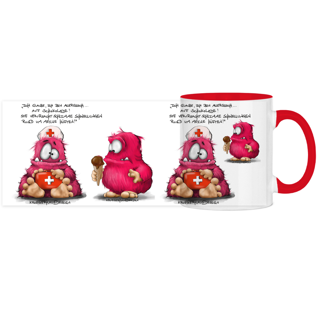 Tasse, Kaffeetasse, Teetasse, zweifarbig, Kruegerhausdesign Monster mit Spruch, Ich glaube, ich bin allergisch...