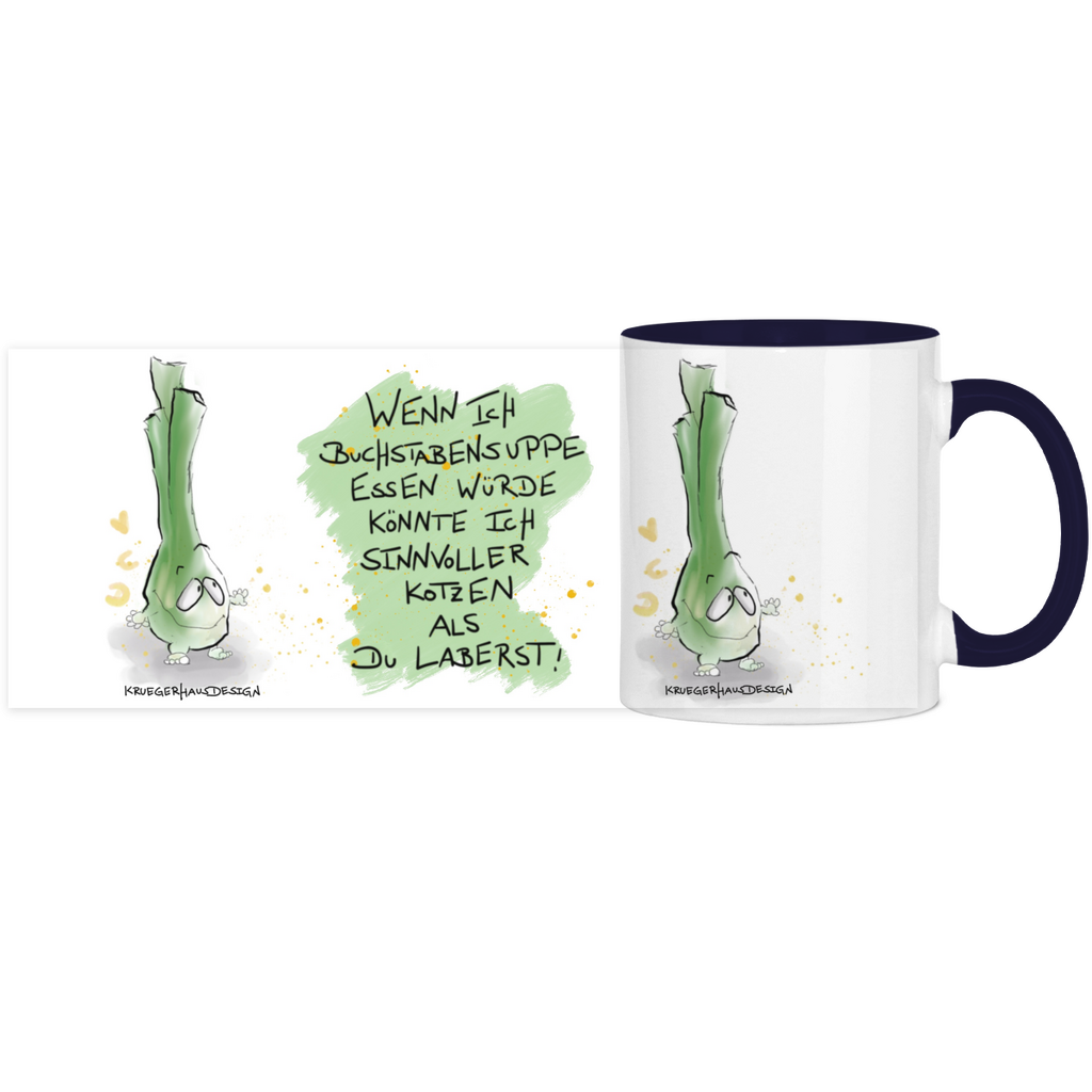 Tasse, Kaffeetasse, Teetasse, zweifarbig, Kruegerhausdesign Monster mit Spruch, 2. Variante, Wenn ich Buchstabensuppe...