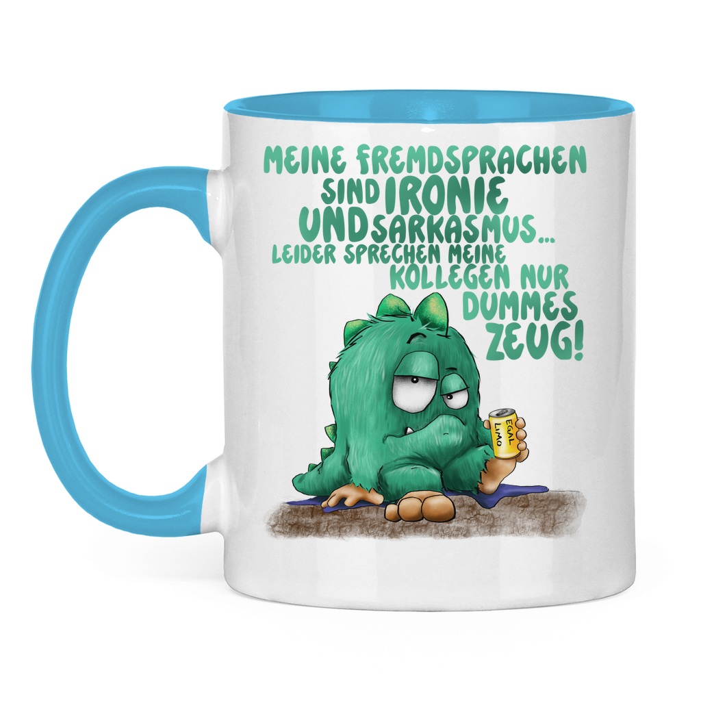 Tasse zweifarbig Meine Fremdsprachen sind Ironie und Sarkasmus.
