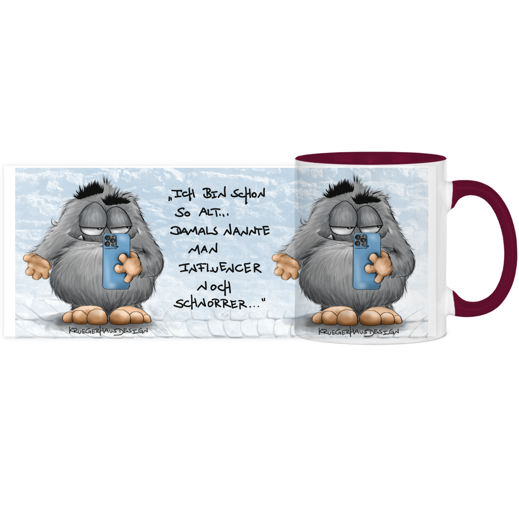 Tasse, Kaffeetasse, Teetasse, zweifarbig, Kruegerhausdesign Monster mit Spruch, 2. Variante, Ich bin so alt...
