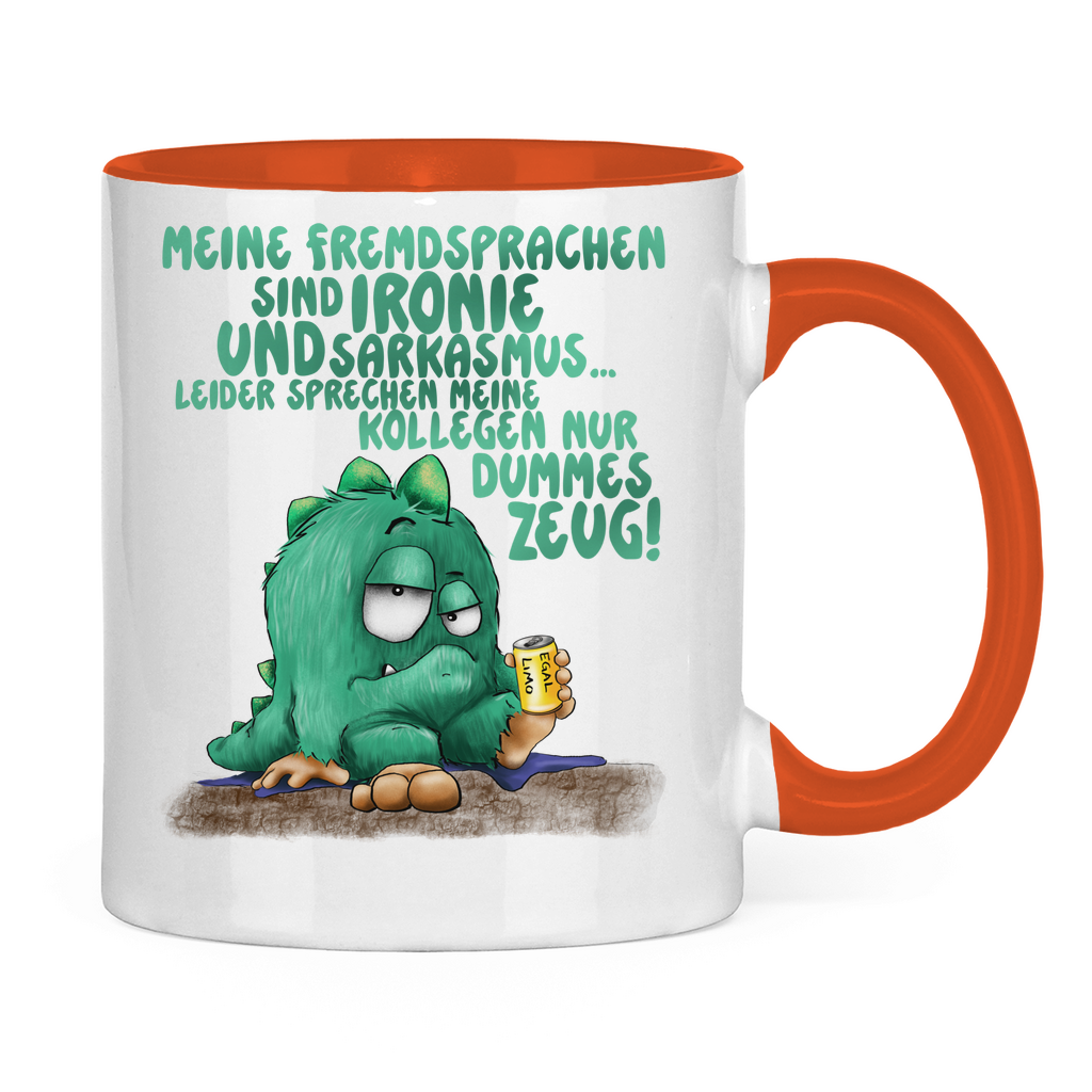 Tasse zweifarbig Meine Fremdsprachen sind Ironie und Sarkasmus.