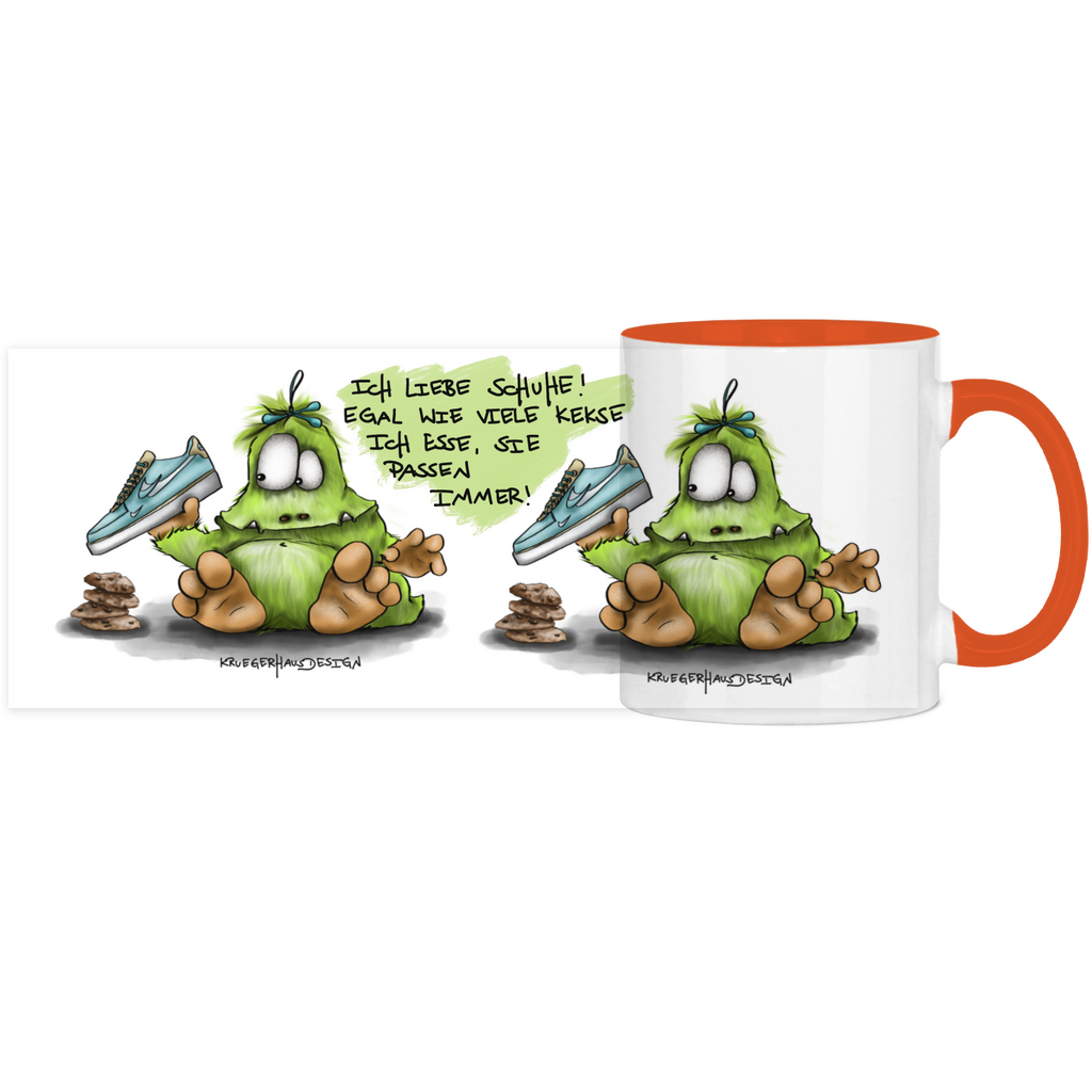 Tasse, Kaffeetasse, Teetasse, Kruegerhausdesign Monster mit Spruch, zweifarbig, 2. Variante, Ich liebe Schuhe...