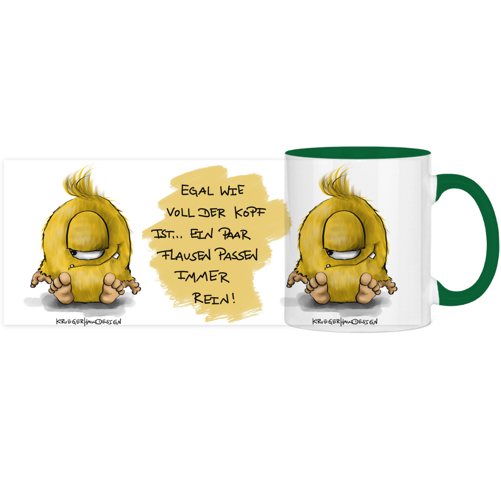 Tasse, Kaffeetasse, Teetasse, zweifarbig, Kruegerhausdesign Monster mit Spruch, 2. Variante, Egal wie voll der Kopf ist...