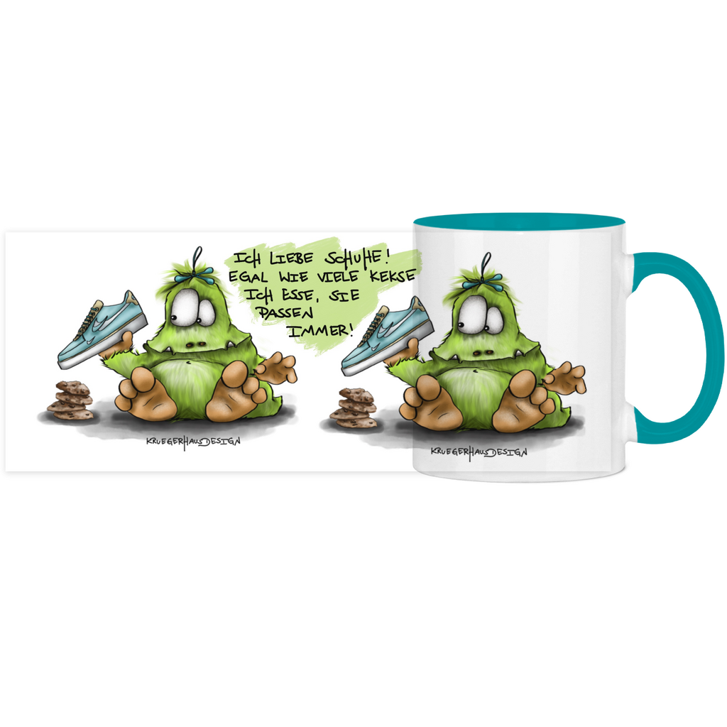 Tasse, Kaffeetasse, Teetasse, Kruegerhausdesign Monster mit Spruch, zweifarbig, 2. Variante, Ich liebe Schuhe...