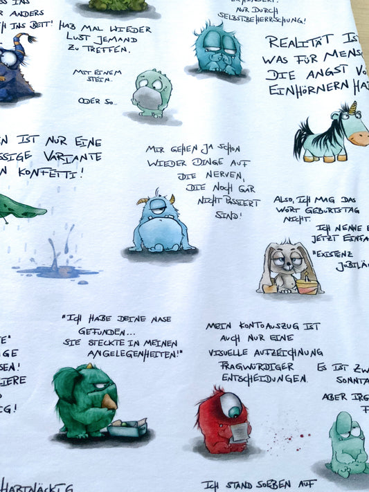 0,5m Organic French Terry, Stoff, Eigenzeichnung, Monster mit Sprüchen auf weiß Klassiker