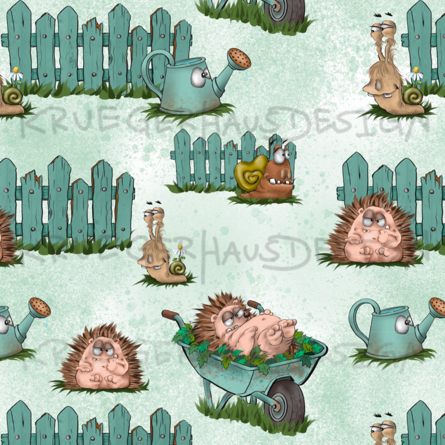 Stoffdesign Gartenchaos – Igel & Schnecken – nahtloses Design mit Gewerbelizenz