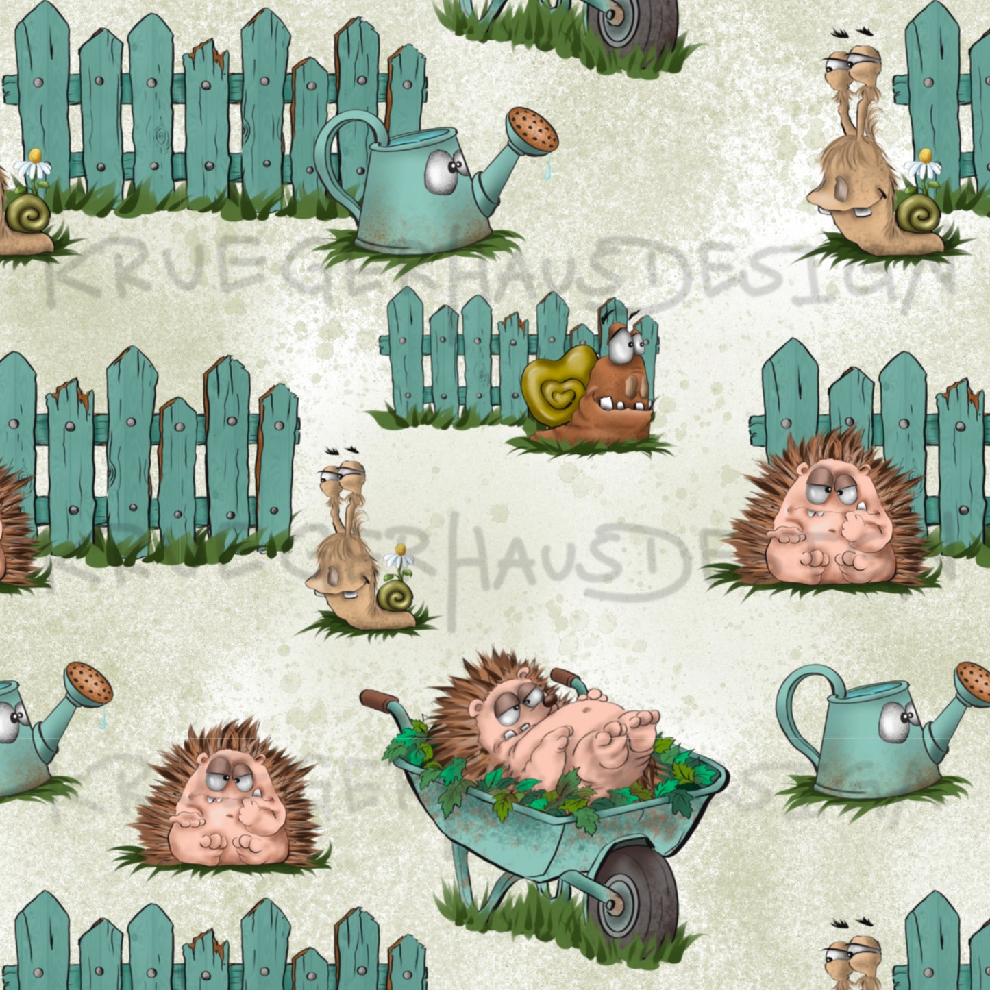 Stoffdesign Gartenchaos – Igel & Schnecken – nahtloses Design mit Gewerbelizenz