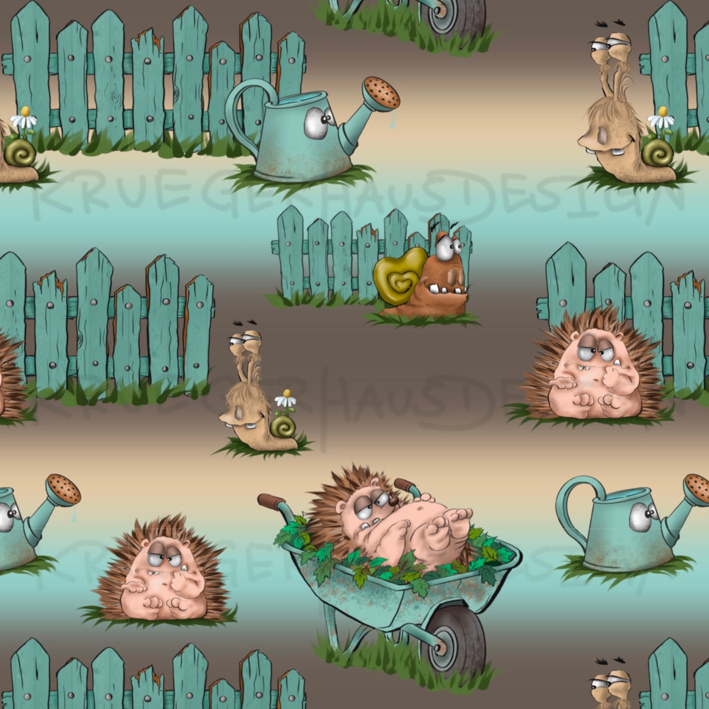Stoffdesign Gartenchaos – Igel & Schnecken – nahtloses Design mit Gewerbelizenz