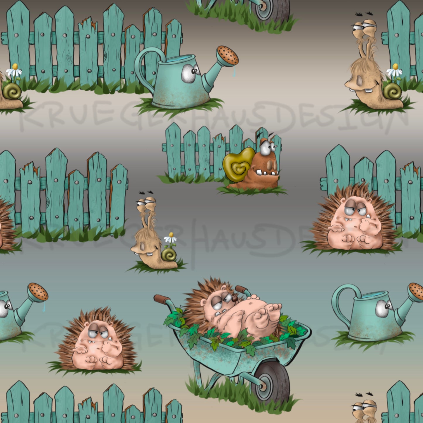 Stoffdesign Gartenchaos – Igel & Schnecken – nahtloses Design mit Gewerbelizenz
