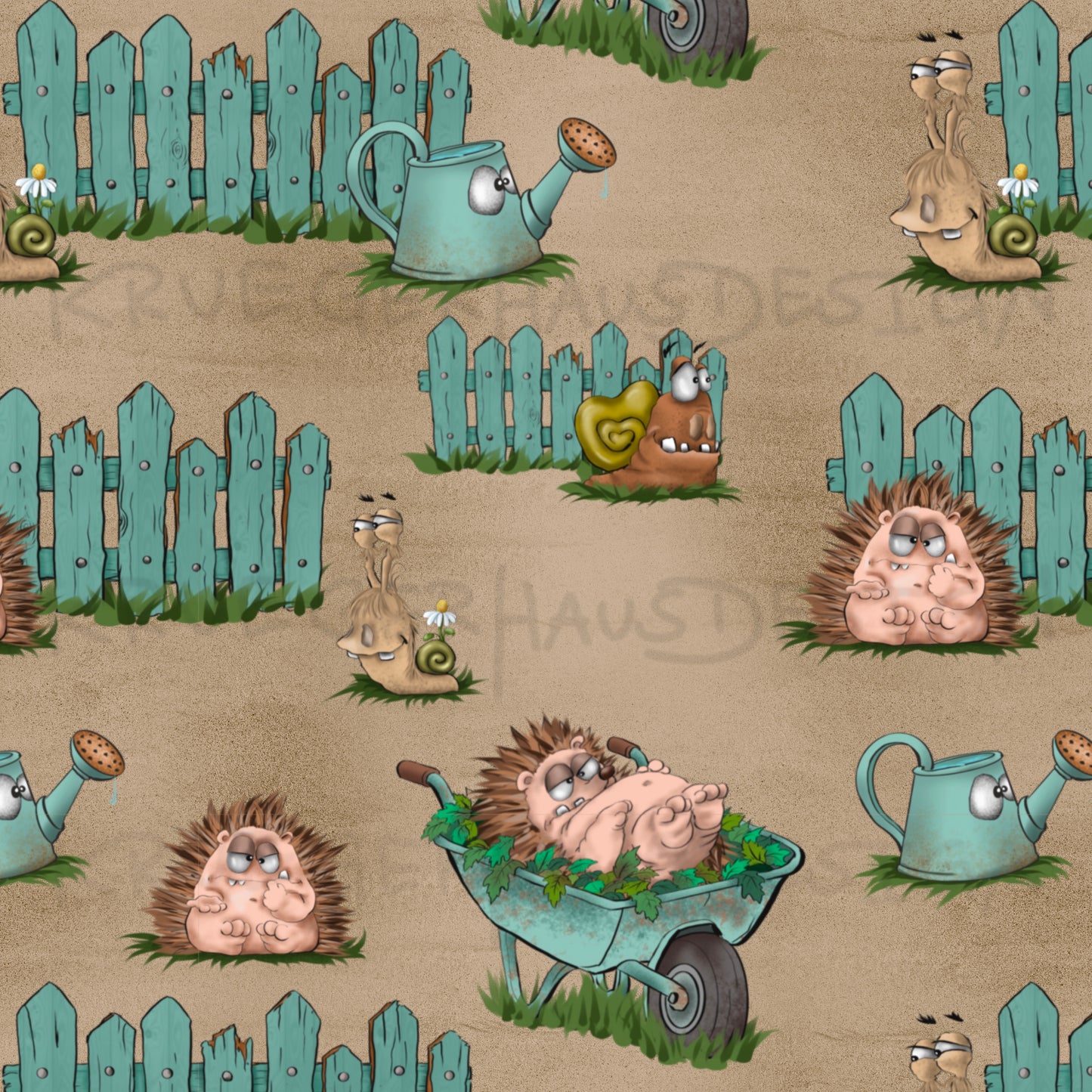 Stoffdesign Gartenchaos – Igel & Schnecken – nahtloses Design mit Gewerbelizenz