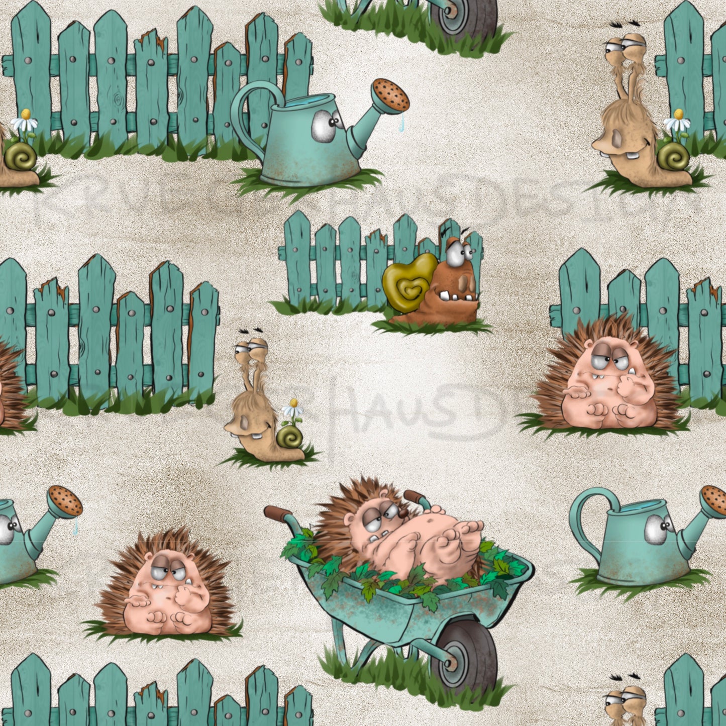 Stoffdesign Gartenchaos – Igel & Schnecken – nahtloses Design mit Gewerbelizenz