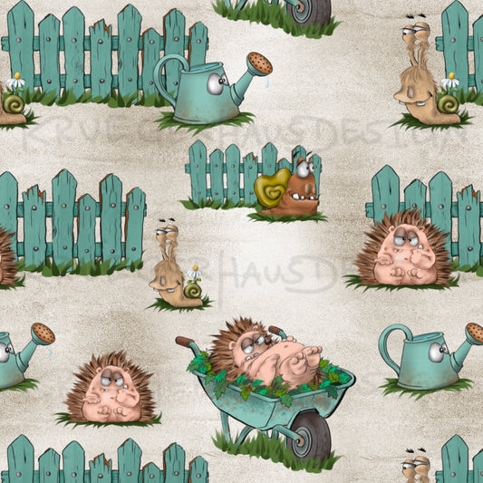 Stoffdesign Gartenchaos – Igel & Schnecken – nahtloses Design mit Gewerbelizenz