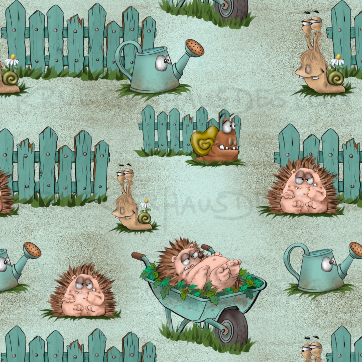 Stoffdesign Gartenchaos – Igel & Schnecken – nahtloses Design mit Gewerbelizenz
