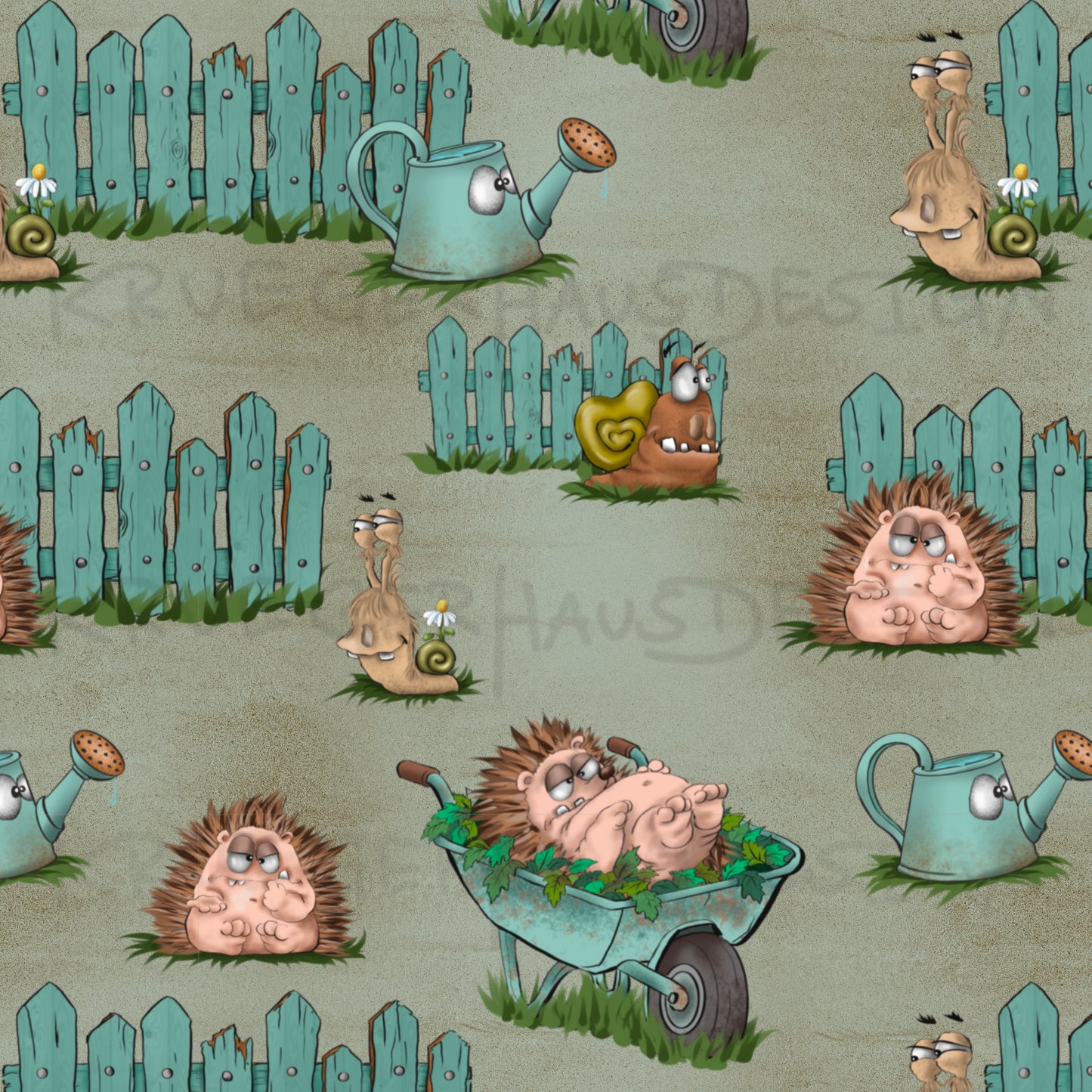 Stoffdesign Gartenchaos – Igel & Schnecken – nahtloses Design mit Gewerbelizenz
