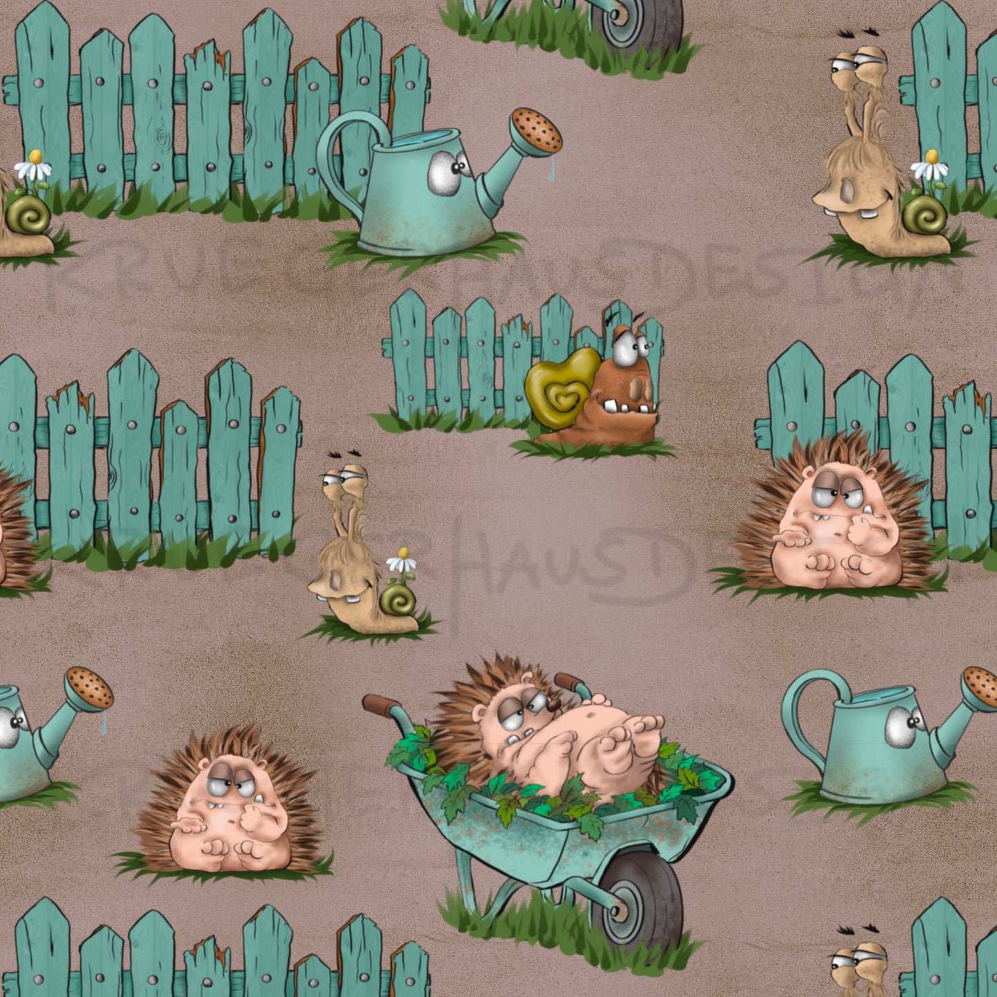 Stoffdesign Gartenchaos – Igel & Schnecken – nahtloses Design mit Gewerbelizenz