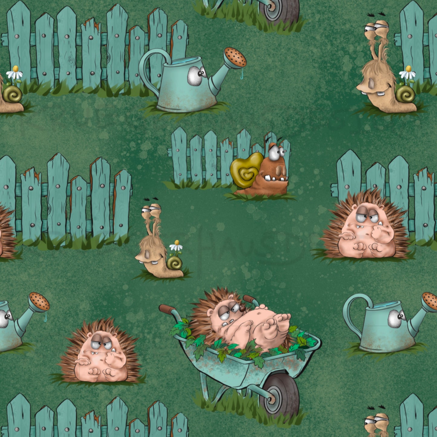 Stoffdesign Gartenchaos – Igel & Schnecken – nahtloses Design mit Gewerbelizenz