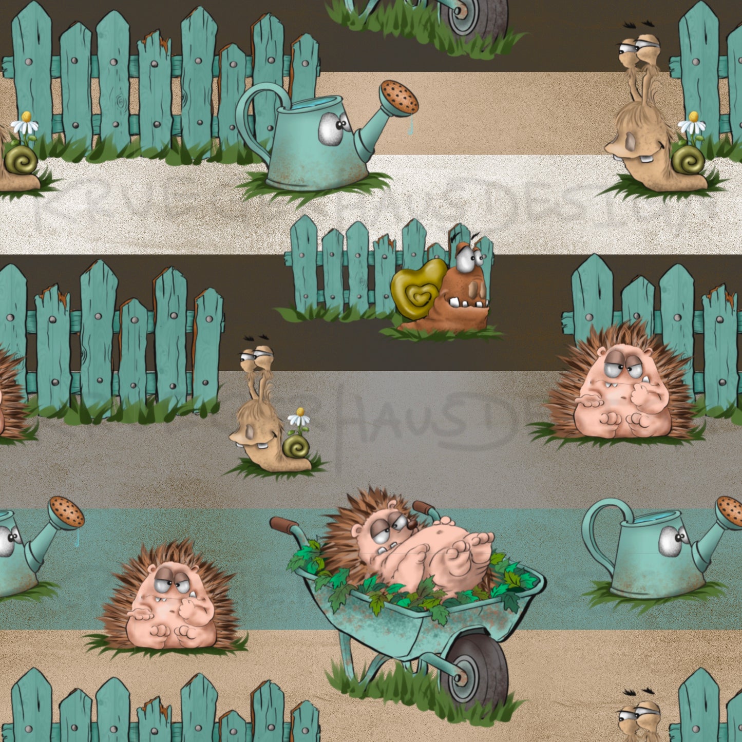 Stoffdesign Gartenchaos – Igel & Schnecken – nahtloses Design mit Gewerbelizenz