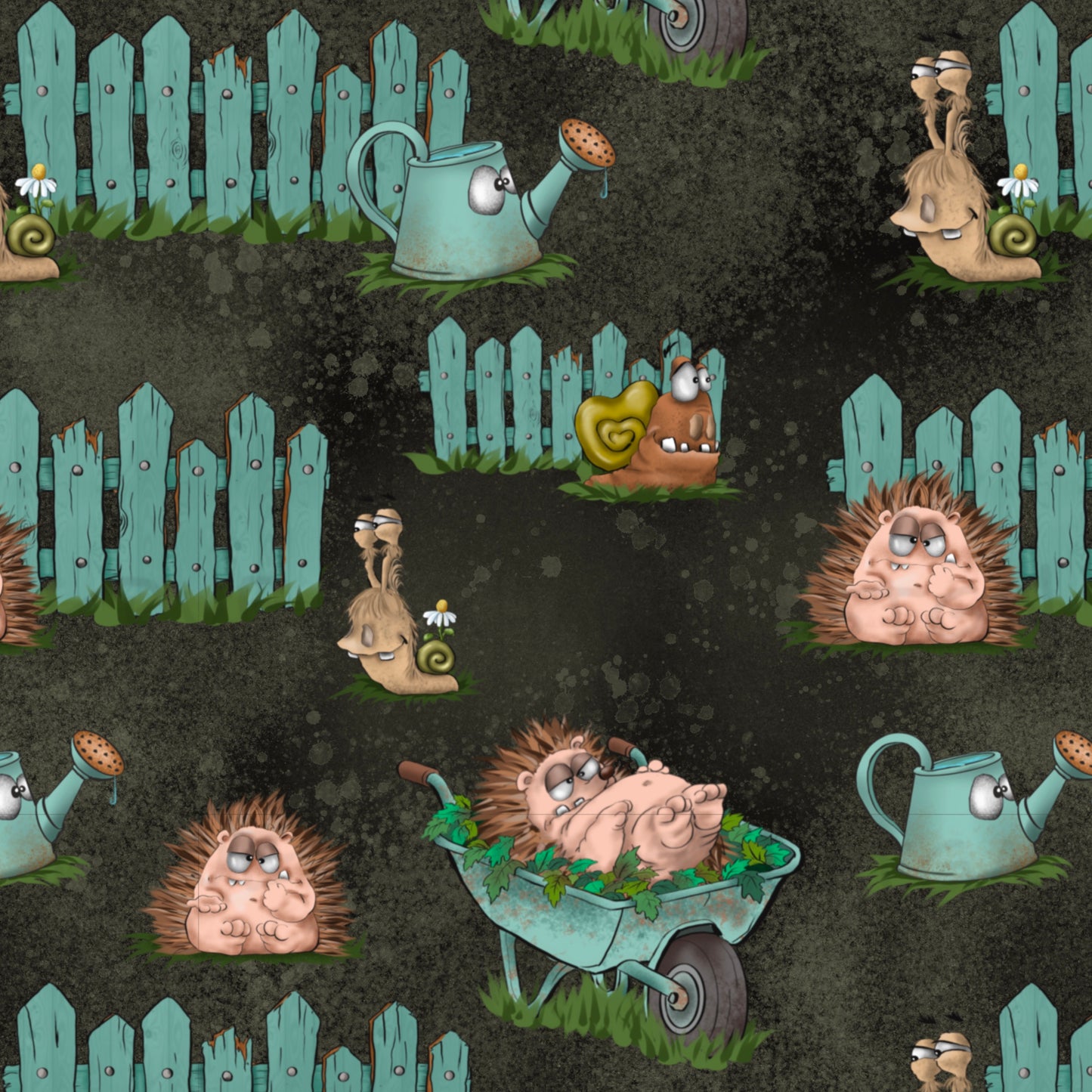 Stoffdesign Gartenchaos – Igel & Schnecken – nahtloses Design mit Gewerbelizenz