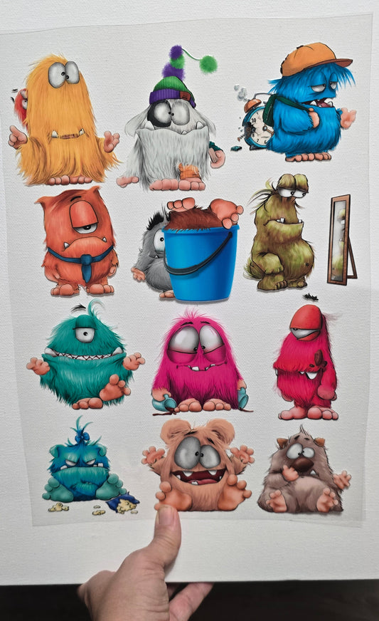 Rub on, UV Folienaufkleber, A4 Blatt, unterschiedlich Monster