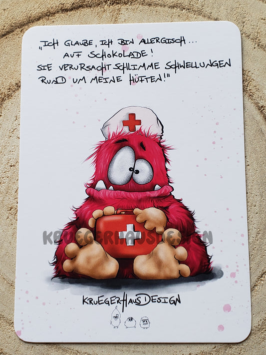 Postkarte Monster Kruegerhausdesign  "Ich glaube, ich bin allergisch... auf Schokolade!"