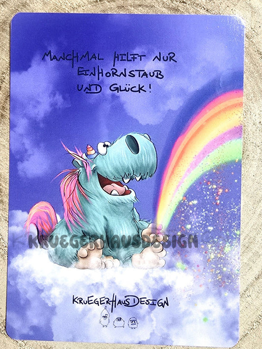 Postkarte Kruegerhausdesign Monster mit Spruch, Manchmal hilft nur Einhornstaub und Glück!