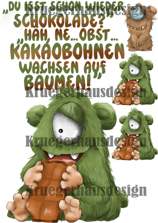 Lustiges Bügelbild DIN A4 Monster - „Du isst schon wieder Schokolade?“