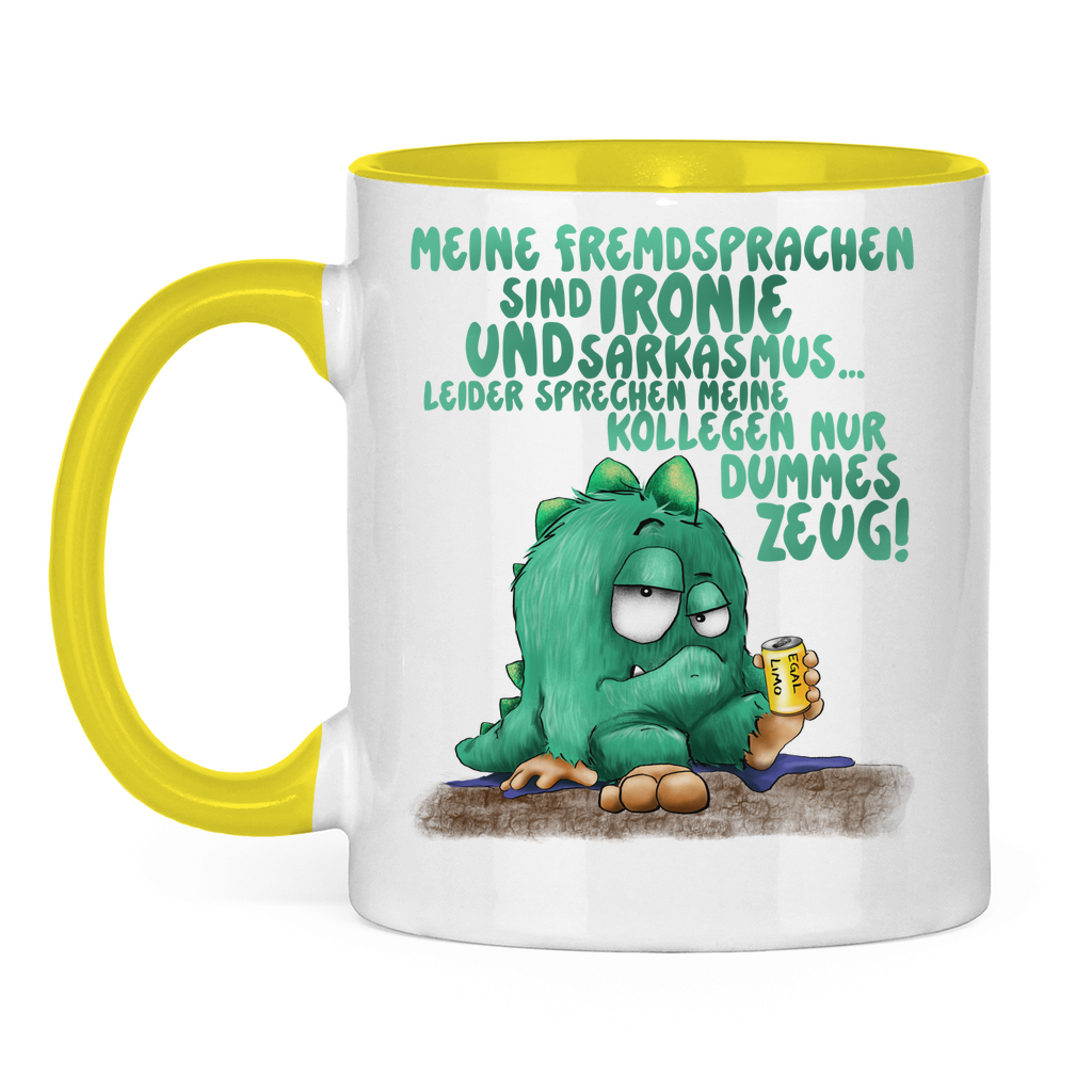 Tasse zweifarbig Meine Fremdsprachen sind Ironie und Sarkasmus.