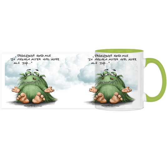 Tasse, Kaffeetasse, Teetasse, Kruegerhausdesign Monster mit Spruch, zweifarbig, Irgendwie sind alle in meinem Alter....