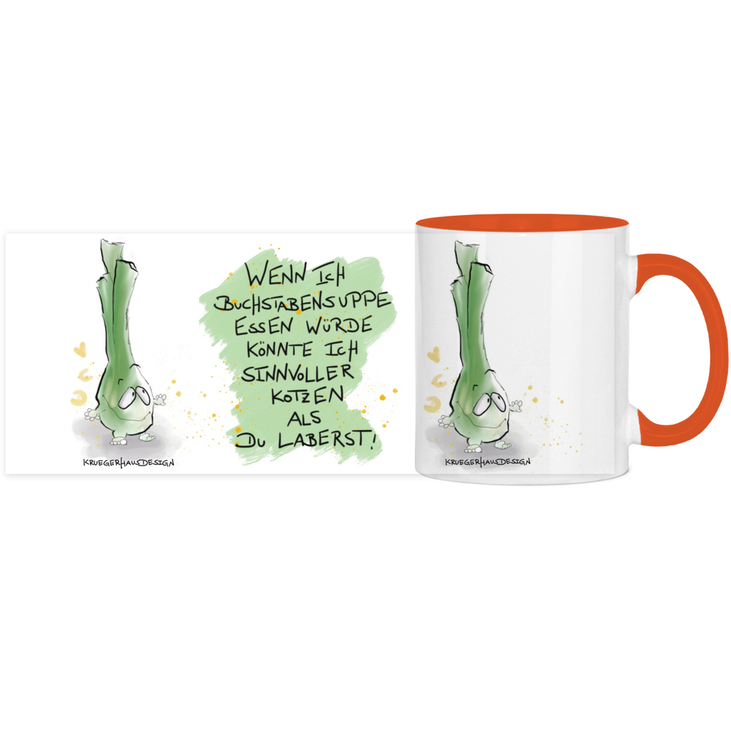 Tasse, Kaffeetasse, Teetasse, zweifarbig, Kruegerhausdesign Monster mit Spruch, 2. Variante, Wenn ich Buchstabensuppe...