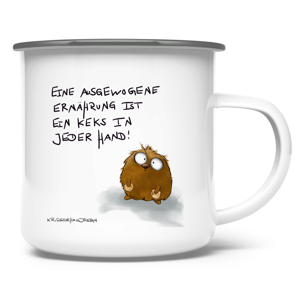 Emaille Tasse Eine ausgewogene Ernährung ist ein Keks in jeder Hand!