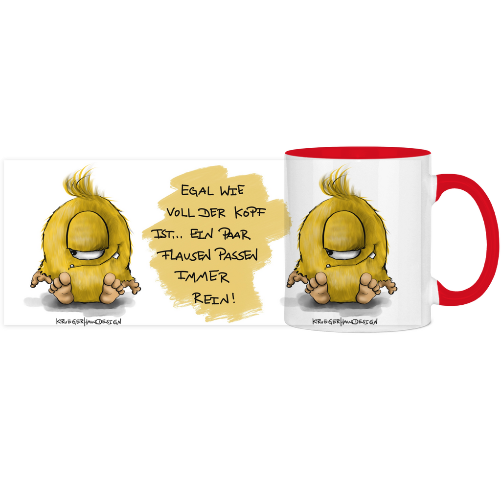 Tasse, Kaffeetasse, Teetasse, zweifarbig, Kruegerhausdesign Monster mit Spruch, 2. Variante, Egal wie voll der Kopf ist...
