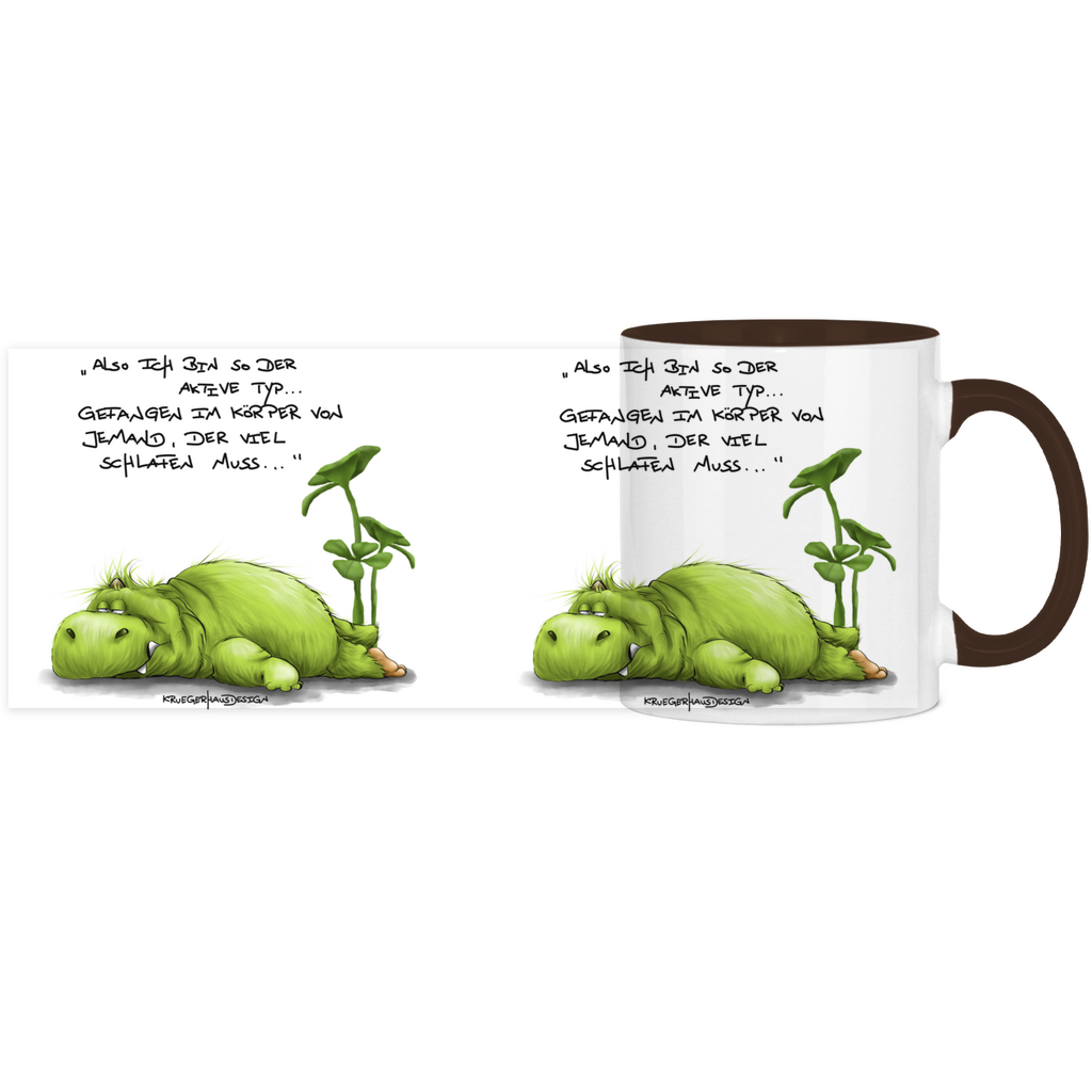 Tasse, Kaffeetasse, Teetasse, zweifarbig, Kruegerhausdesign Monster mit Spruch, klassisch, Also ich bin so der aktive Typ