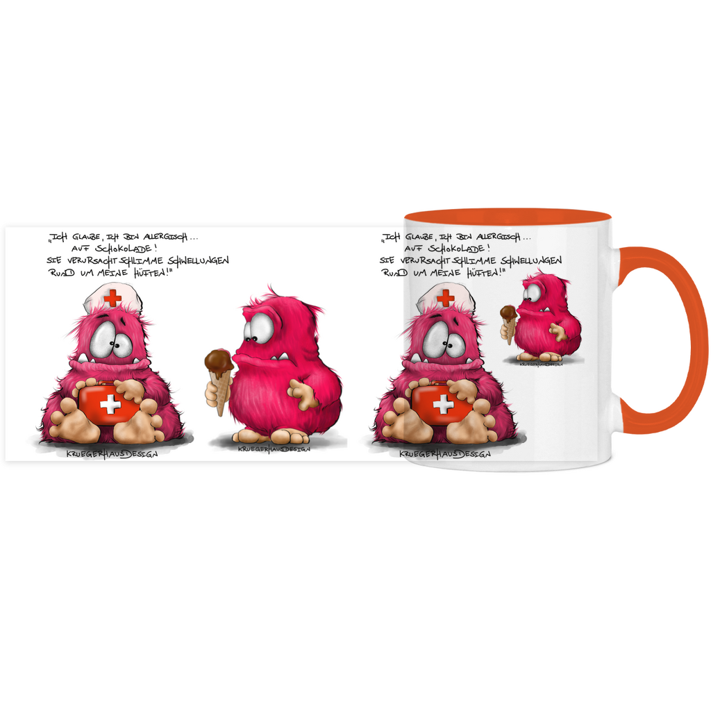Tasse, Kaffeetasse, Teetasse, zweifarbig, Kruegerhausdesign Monster mit Spruch, Ich glaube, ich bin allergisch...