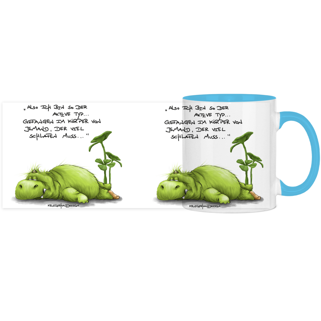 Tasse, Kaffeetasse, Teetasse, zweifarbig, Kruegerhausdesign Monster mit Spruch, klassisch, Also ich bin so der aktive Typ