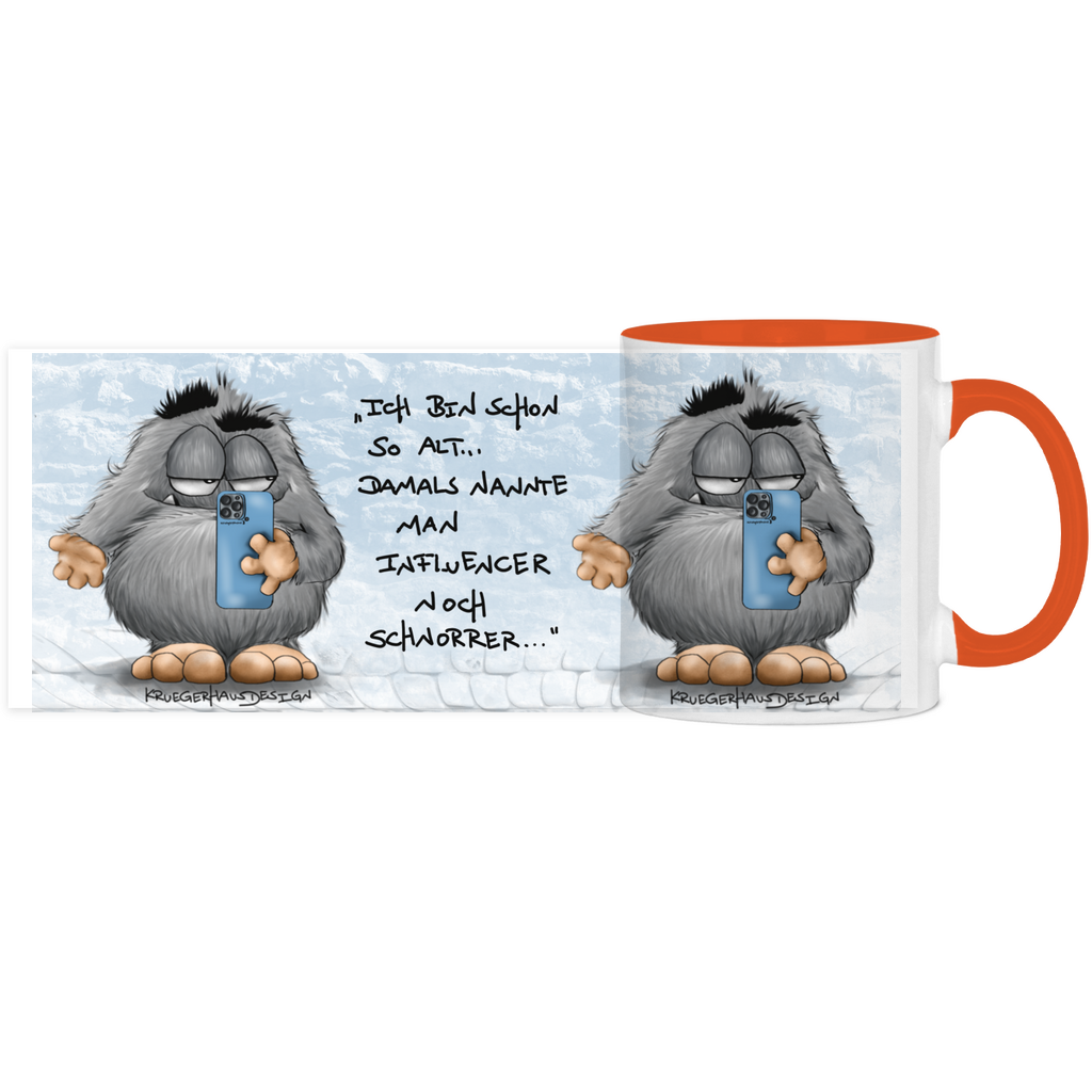 Tasse, Kaffeetasse, Teetasse, zweifarbig, Kruegerhausdesign Monster mit Spruch, 2. Variante, Ich bin so alt...