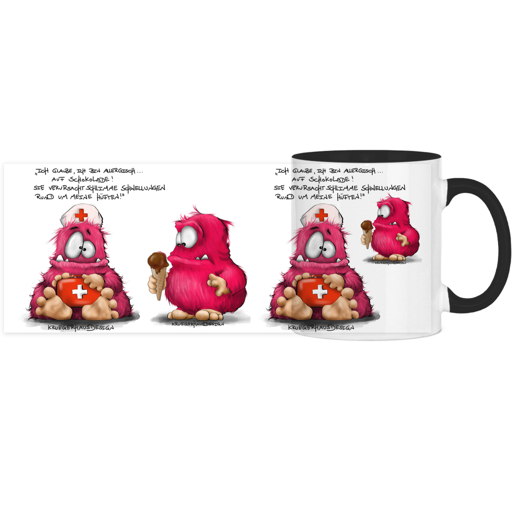 Tasse, Kaffeetasse, Teetasse, zweifarbig, Kruegerhausdesign Monster mit Spruch, Ich glaube, ich bin allergisch...