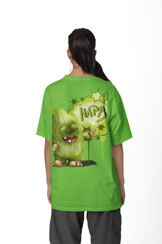 T-Shirt mit XXL Druck Kruegerhausdesign Monster in lime green Gr. XL,"Happy" limitierte Auflage