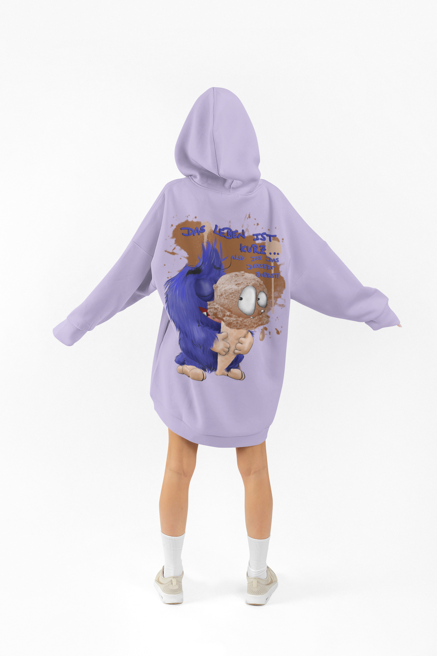 Unisex Hoodie XXL Druck Kruegerhausdesign Monster in flieder Gr. 3XL, Das Leben ist kurz, iss das Dessert zuerst!