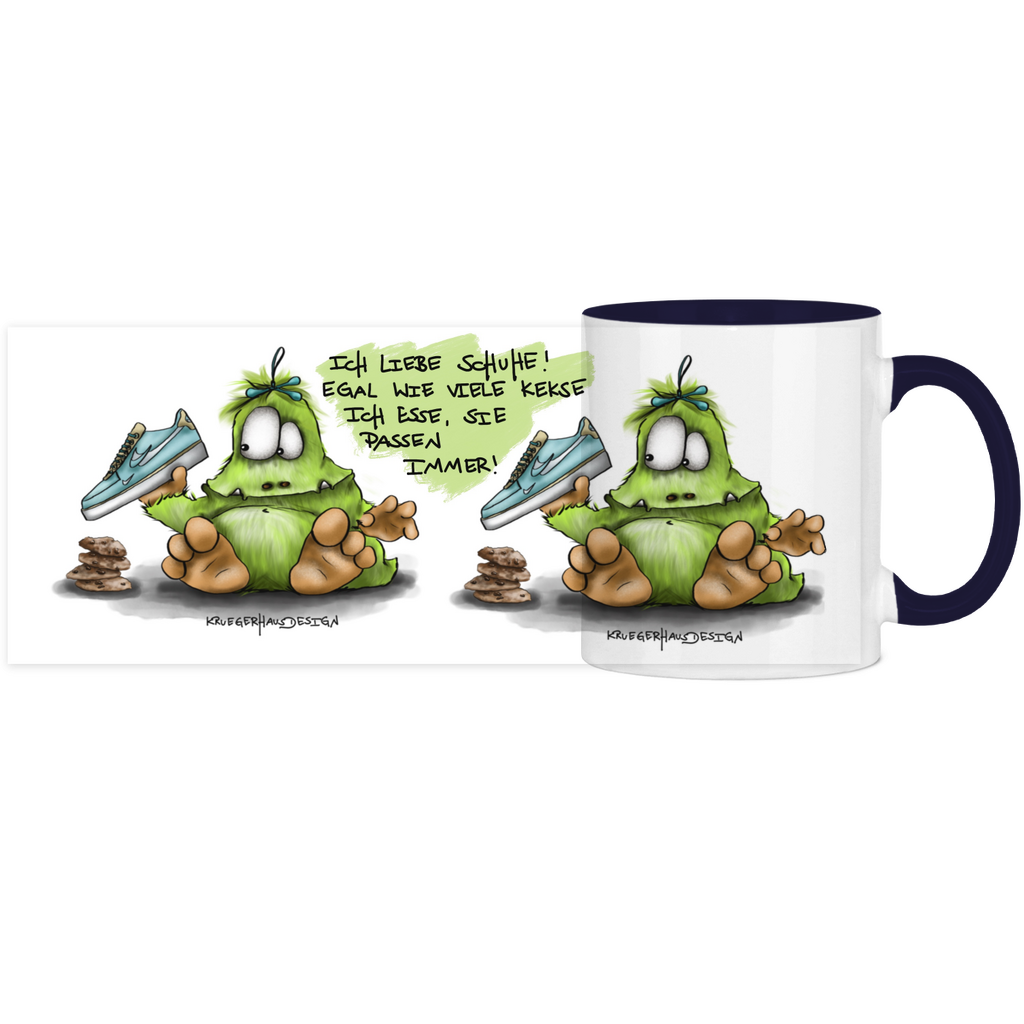 Tasse, Kaffeetasse, Teetasse, Kruegerhausdesign Monster mit Spruch, zweifarbig, 2. Variante, Ich liebe Schuhe...