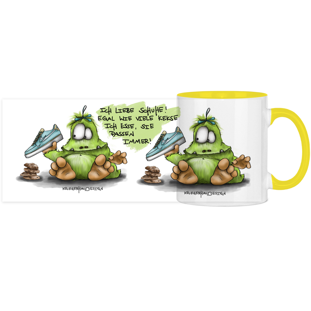 Tasse, Kaffeetasse, Teetasse, Kruegerhausdesign Monster mit Spruch, zweifarbig, 2. Variante, Ich liebe Schuhe...