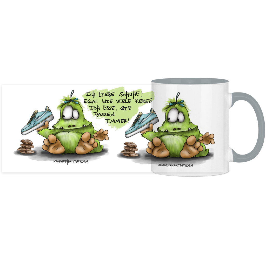 Tasse, Kaffeetasse, Teetasse, Kruegerhausdesign Monster mit Spruch, zweifarbig, 2. Variante, Ich liebe Schuhe...