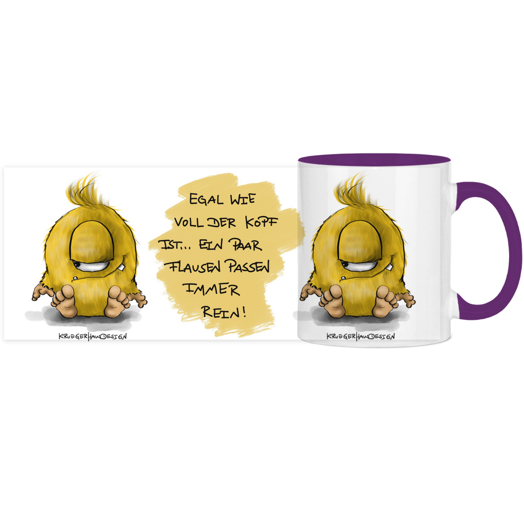 Tasse, Kaffeetasse, Teetasse, zweifarbig, Kruegerhausdesign Monster mit Spruch, 2. Variante, Egal wie voll der Kopf ist...