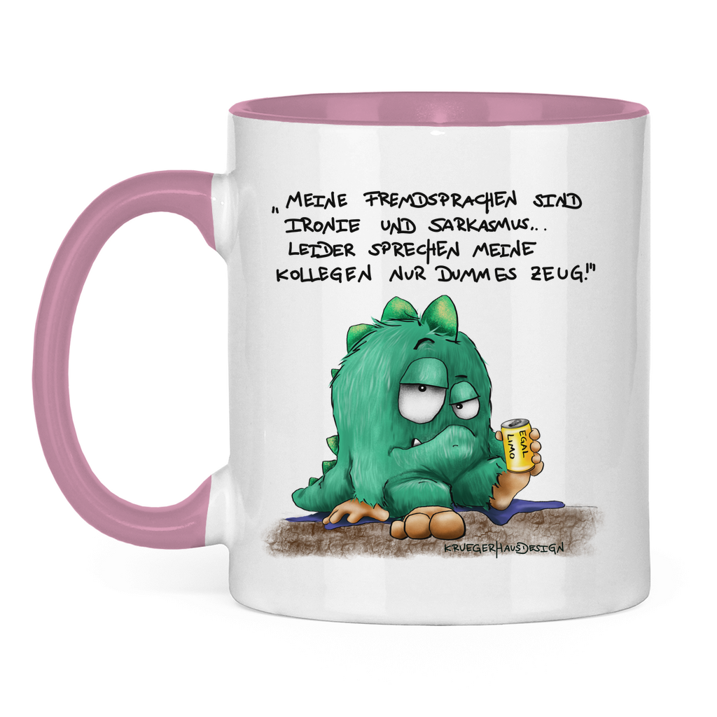 Tasse zweifarbig Meine Fremdsprachen sind Ironie und Sarkasmus, leider meine